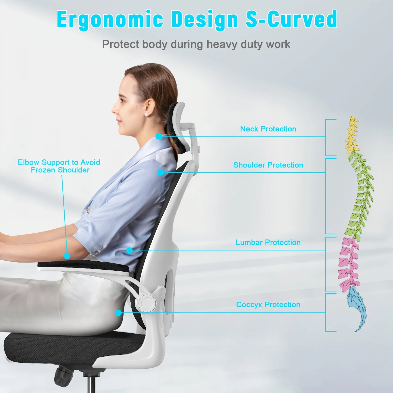 Ergonomic Office Chair Breathable Mesh Cover Desk Chair Adjustable Armrests Headrest Lumbar Support 360° Swivel Chair