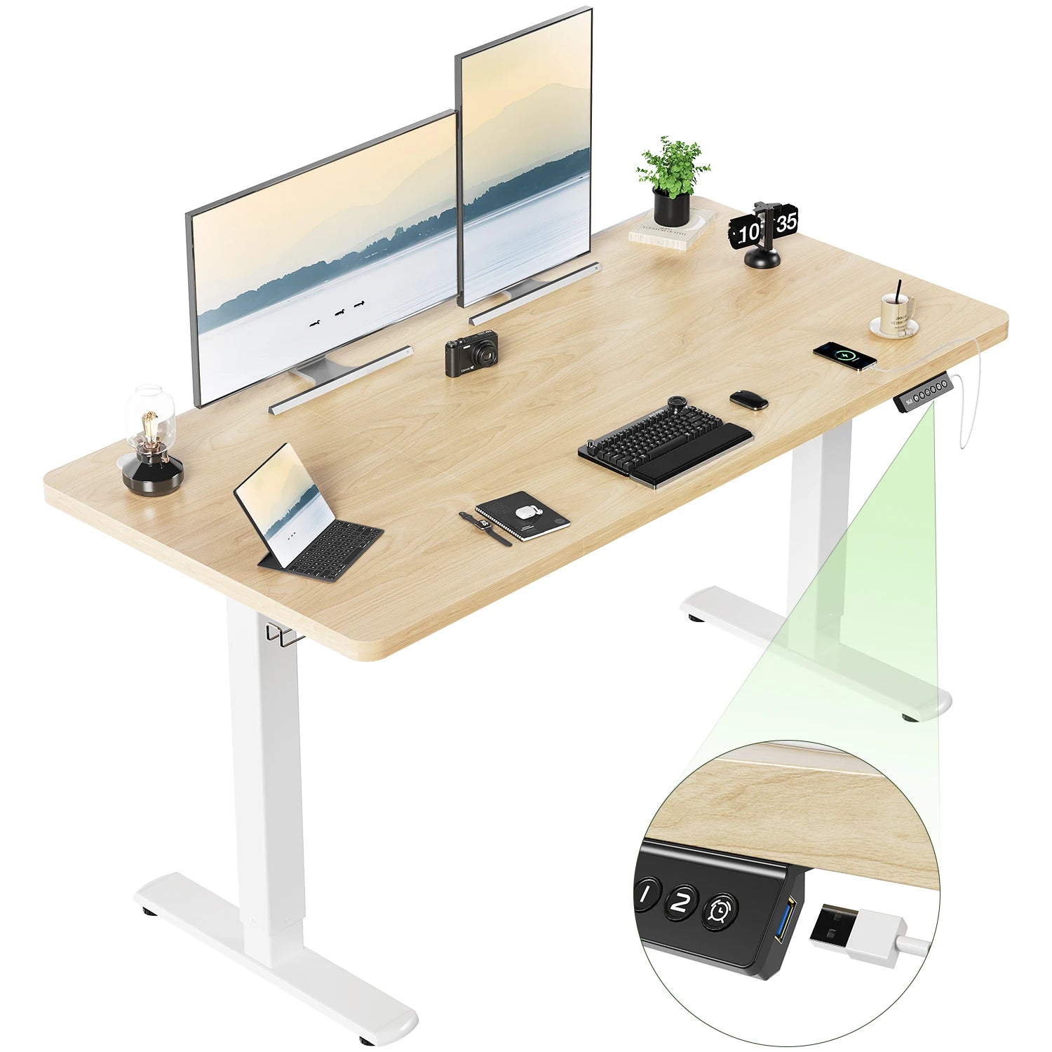 Devoko Höhenverstellbarer Schreibtisch mit USB-Buchse 140x60 cm, Computer Stehschreibtisch, Ergonomischer Homeoffice-Tisch