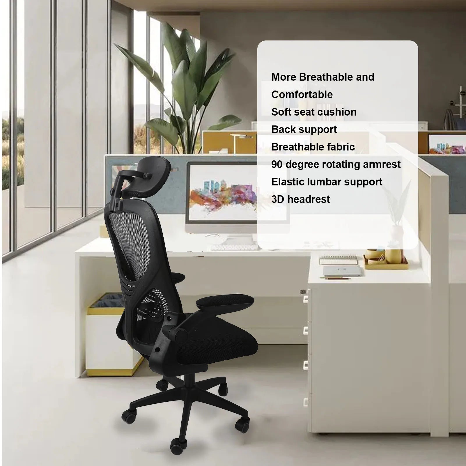 Stuhl, Computerstuhl, um 90 Grad drehbare Armlehnen, 3D-Kopfstütze, 330,7 lb Tragfähigkeit mit 5 Rädern für die Arbeit