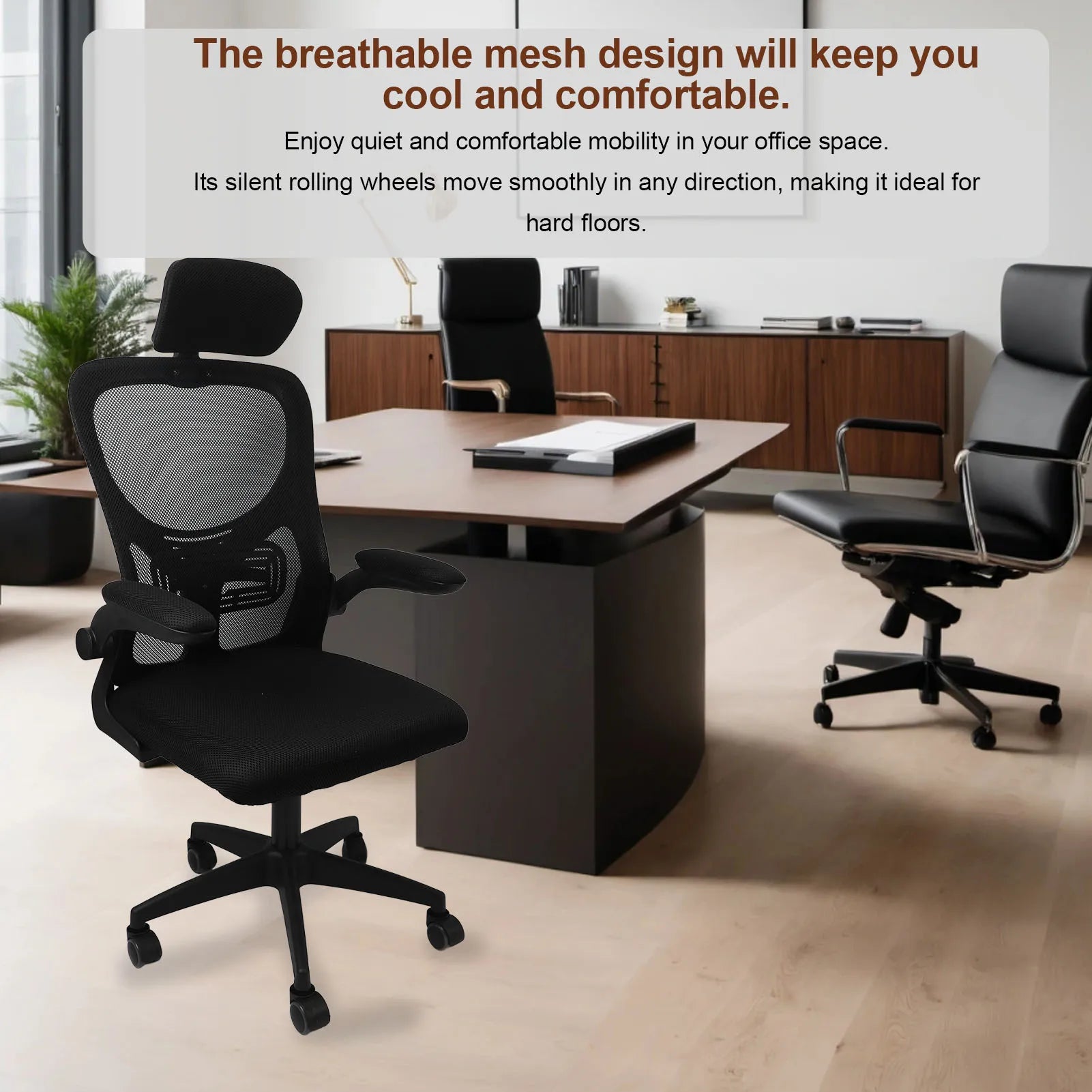 Stuhl, Computerstuhl, um 90 Grad drehbare Armlehnen, 3D-Kopfstütze, 330,7 lb Tragfähigkeit mit 5 Rädern für die Arbeit