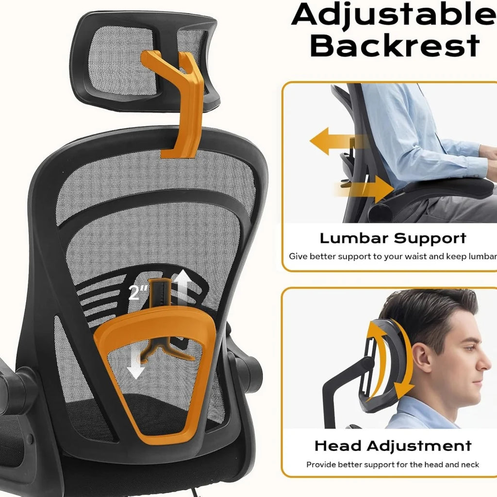 Ergonomischer Bürostuhl, bequemer Computer-Schreibtischstuhl mit hochklappbaren Armlehnen, bequeme Stühle mit Lordosenstütze für das Schlafzimmer